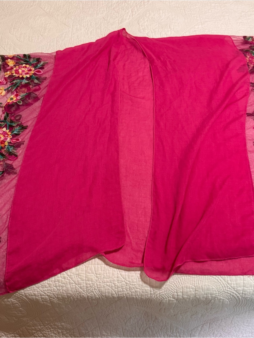 just be Bright Fuchsia Sheer Kimono with Floral Embroidered Trim